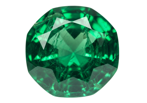 Close-up view of a vibrant, faceted emerald cut gem, showcasing intricate internal reflections and facets against a pure black background.