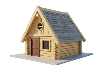 Detailed Rustic Log Cabin with Wooden Door and Gray Slate Roof on Transparent