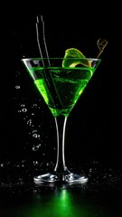 Vibrant Green Cocktail with Garnish and Bubbles on Black Background