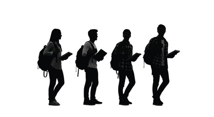 Diverse student group silhouettes walking and holding books for educational concept vector