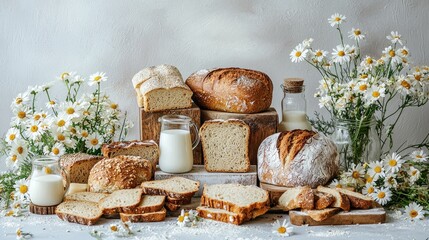 Various types of bread and milk on a table with chamomile flowers.