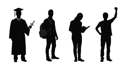 Diverse students silhouette collection celebrating graduation and learning achievements vector