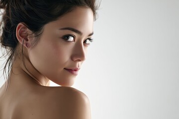 Fototapeta premium A stylish Japanese woman with a soft, gentle aesthetic, featuring light tones and a calm, poised expression. The photography creates a sophisticated yet approachable mood.