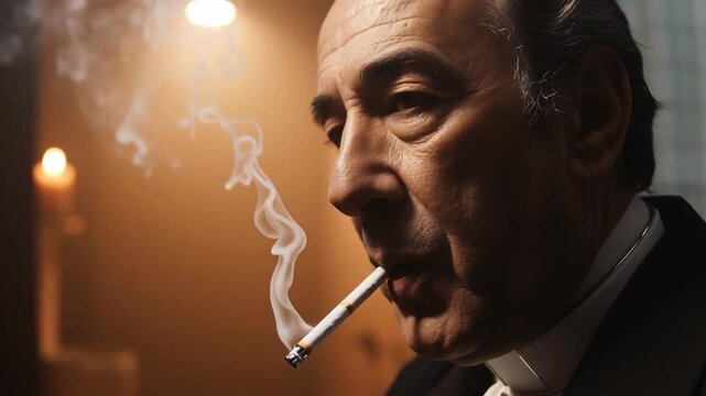 close-up of priest or clergyman smoking a cigarette in low, warm light, with serious and shadowy expression suggesting sin, corruption, or inner conflict