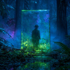 Fototapeta premium A solitary figure standing at a glass doorway in the forest with mysterious lighting