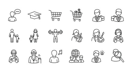 Collection of hand drawn icons representing diverse professions and activities in a sketchy style vector