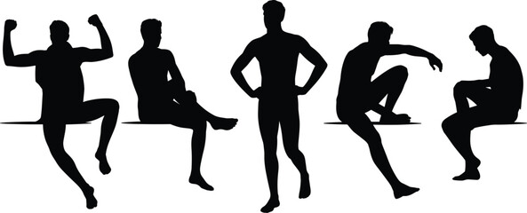 Silhouette of men sitting and standing, casual male body poses, human posture collection, thinking man, resting person, isolated black shadow