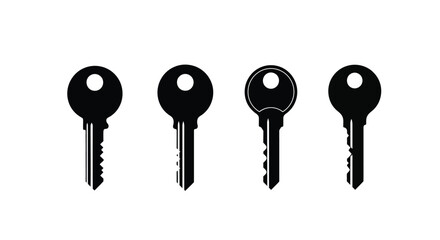 Four black house keys lined up with unique serrations symbolizing security and access vector