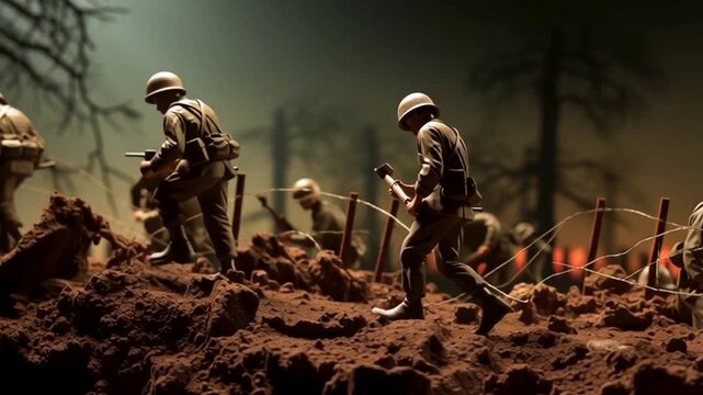 Miniature soldiers in a wartime trench setting scene at night. Stop motion or diorama-style lighting. Toy soldier battlefield