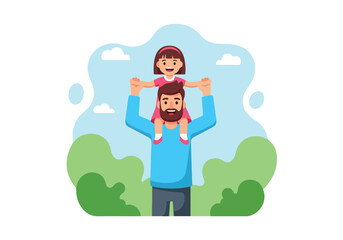 Adobe illustrator artwork vector illustration. A joyful father giving his girl a piggyback ride, celebrating their special bond amidst a serene park and distant city skyline.