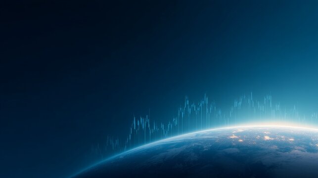 Global Economy and Trade Integration, Digital representation of Earth with abstract data visualization elements and a dark blue background.