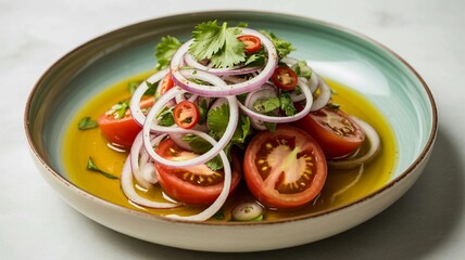 A colorful salad features sliced tomatoes, red onions, fresh cilantro, and chili peppers drizzled with olive oil. This dish is perfect for a healthy lunch or side.