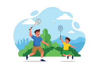 Adobe illustrator artwork vector illustration. A father and son happily playing badminton outdoors, sharing an active and fun family moment with a scenic city and mountain backdrop
