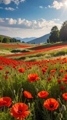Fototapeta premium Vibrant Red Poppy Fields Under Bright Blue Sky with Mountains