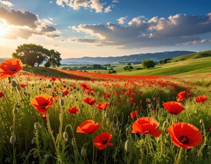 Fototapeta premium Vibrant Poppy Flowers in Rolling Green Hills at Sunset