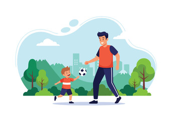Adobe illustrator artwork vector illustration. A father and son play soccer in a park, enjoying quality time and sports amidst a vibrant natural and urban landscape