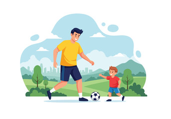 Adobe illustrator artwork vector illustration. A father and son play soccer in a park, enjoying quality time and sports amidst a vibrant natural and urban landscape