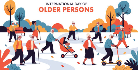 Celebrate international day of older person with people walking in park elderly people enjoying outdoor activities