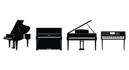 Diverse collection of piano instruments silhouette on musical elements vector © Alex