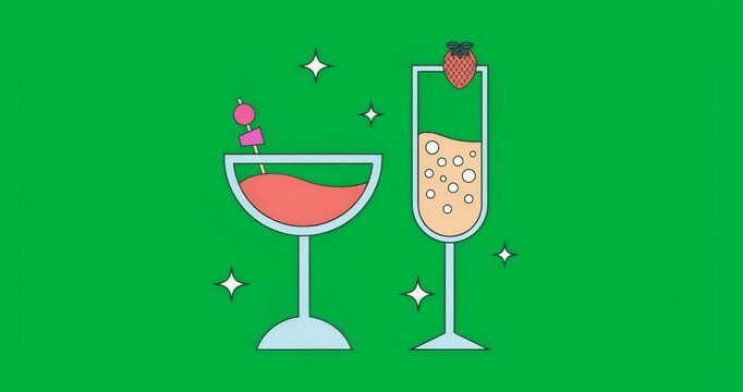 Loop starting sparkles drifting around cocktail glasses creating shimmer on transparent background