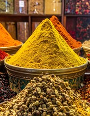 Fototapeta premium Colorful spice powders piled high in a market