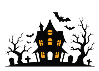 Spooky haunted house with bats, gravestones, and twisted trees in black silhouette for Halloween-themed design and decoration