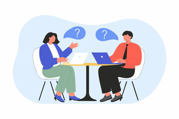 Two business people sitting at a table with laptops and question marks above their heads