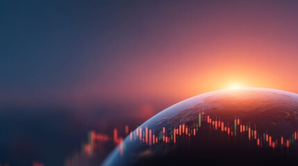 Global Economy and Trade Integration, Futuristic view of Earth with a glowing horizon and stock market chart overlay.