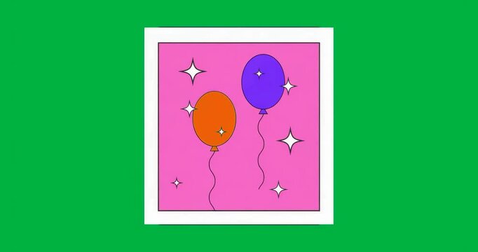 Glitching backdrop initiating orange and purple balloons appearing with sparkles to showcase design
