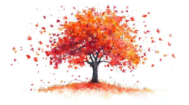 A vibrant autumn tree with red and orange leaves, set against a white background.
