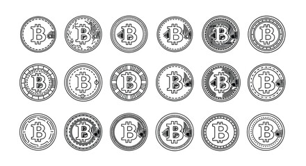 Collection of grunge bitcoin icons in a grid format representing digital currency and blockchain technology vector