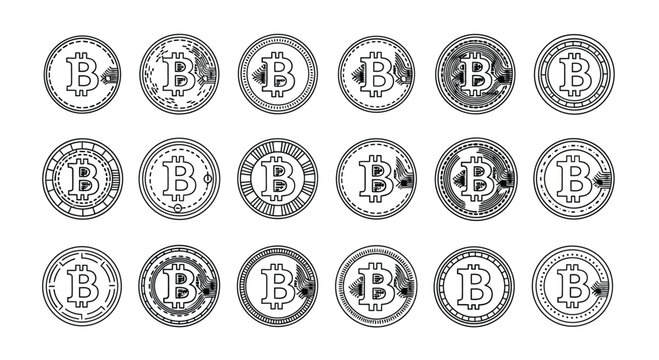Collection of grunge bitcoin icons in a grid format representing digital currency and blockchain technology vector