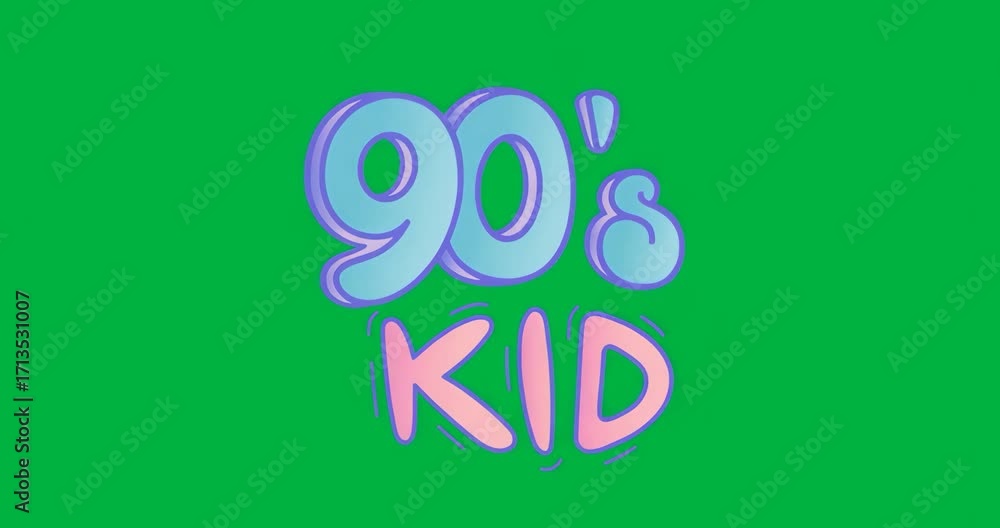 Poster neon-inspired '90's kid' text appearing fully formed staying static on transparent backdrop