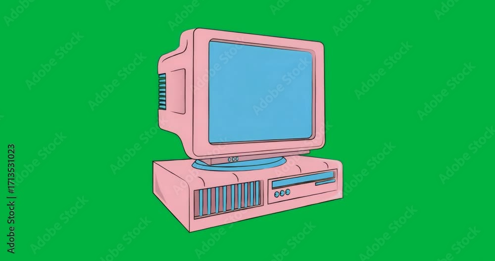 Poster starting pink crt computer showing blank screen on transparent backdrop showcasing retro design