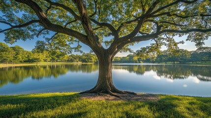 Obraz premium Park Lake Tree, Sunlight, Tranquil Scene, Relaxing View, Perfect for Background, stock photo