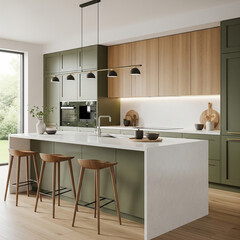 Stylish kitchen design featuring green and wood cabinets, large island with white countertop, wooden bar stools- 3D rendering