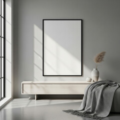 Modern Living Room Poster Frame Mockup with Natural Light and Minimalist Decoration. 3D render.