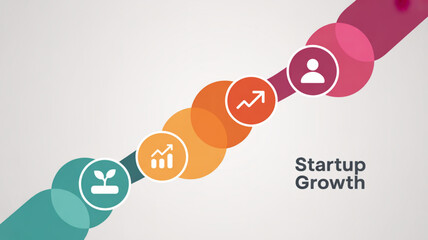 Startup growth diagram with colorful circles and icons representing business development stages
