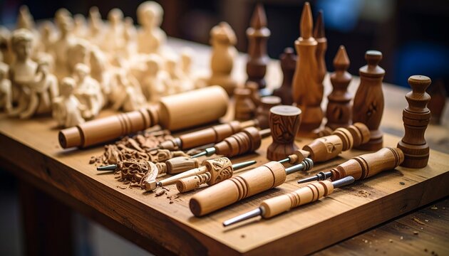 Woodworking tools and hand-carved chess pieces on a craftsman's workbench, showcasing the art of woodturning and carving.
