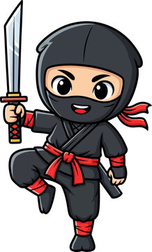 mini ninja warrior cute cartoon character ready for action, isolated on transparent background