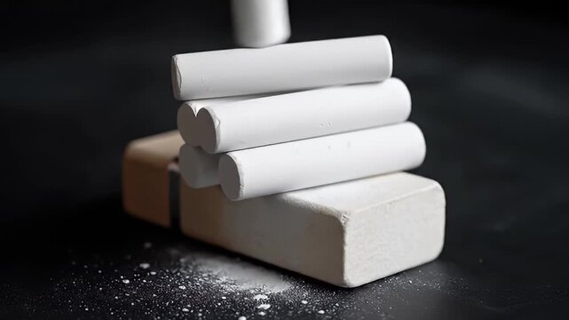 Close-up of white chalk sticks stacked on an eraser with chalk dust on a dark background