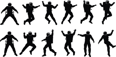 Silhouette astronauts in different dynamic floating poses isolated on white background, space exploration, zero gravity movement, science fiction, cosmic adventure illustration