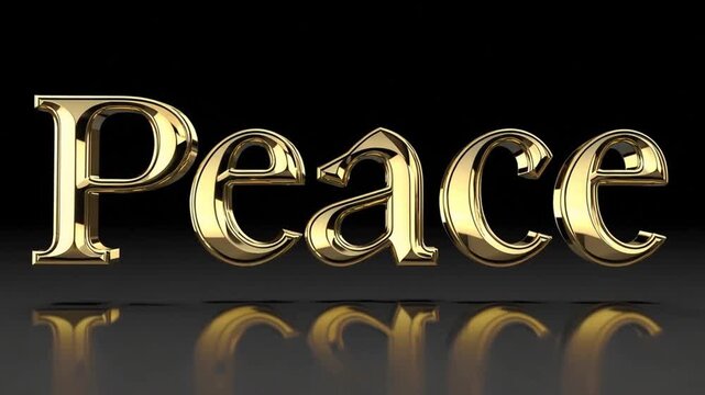 Golden Peace: The word Peace shines in elegant gold, casting a tranquil reflection on a smooth surface, a visual ode to serenity and harmony.
