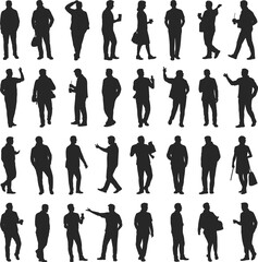 Silhouette business people standing talking walking, office worker vector illustration, professional staff posture, teamwork group communication, corporate team design, workplace concept