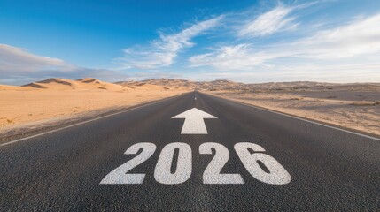 A wide, straight road leads through a desert landscape, featuring a prominent arrow and the year "2026" painted on the asphalt.