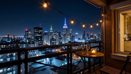 Balcony cityscape night with string lights, candlelit table, wine glasses, and chairs creating cozy romantic atmosphere overlooking illuminated skyscraper skyline and urban cityscape