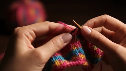 Close-up of Hands Knitting Colorful Yarn with Wooden Needles, Crafting Hobby Skill Demonstration