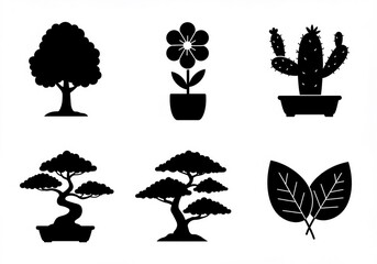 The image features a vector set of black silhouette tree and plant icons with leaf, flower, bird, and butterfly elements for floral decoration design