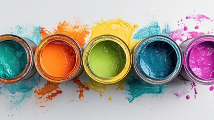 Colorful Paint Cans with Splashes on White Background