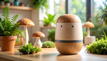A cute mushroom-shaped smart home device on a wooden table surrounded by lush green houseplants and decorative fungi.
